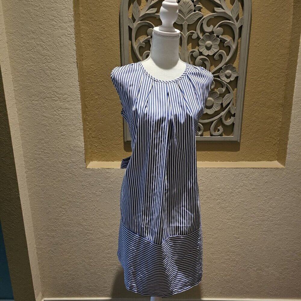 Tang Jing Rui Large Blue & White Nautical Coastal Striped Dress W Tie Old Money